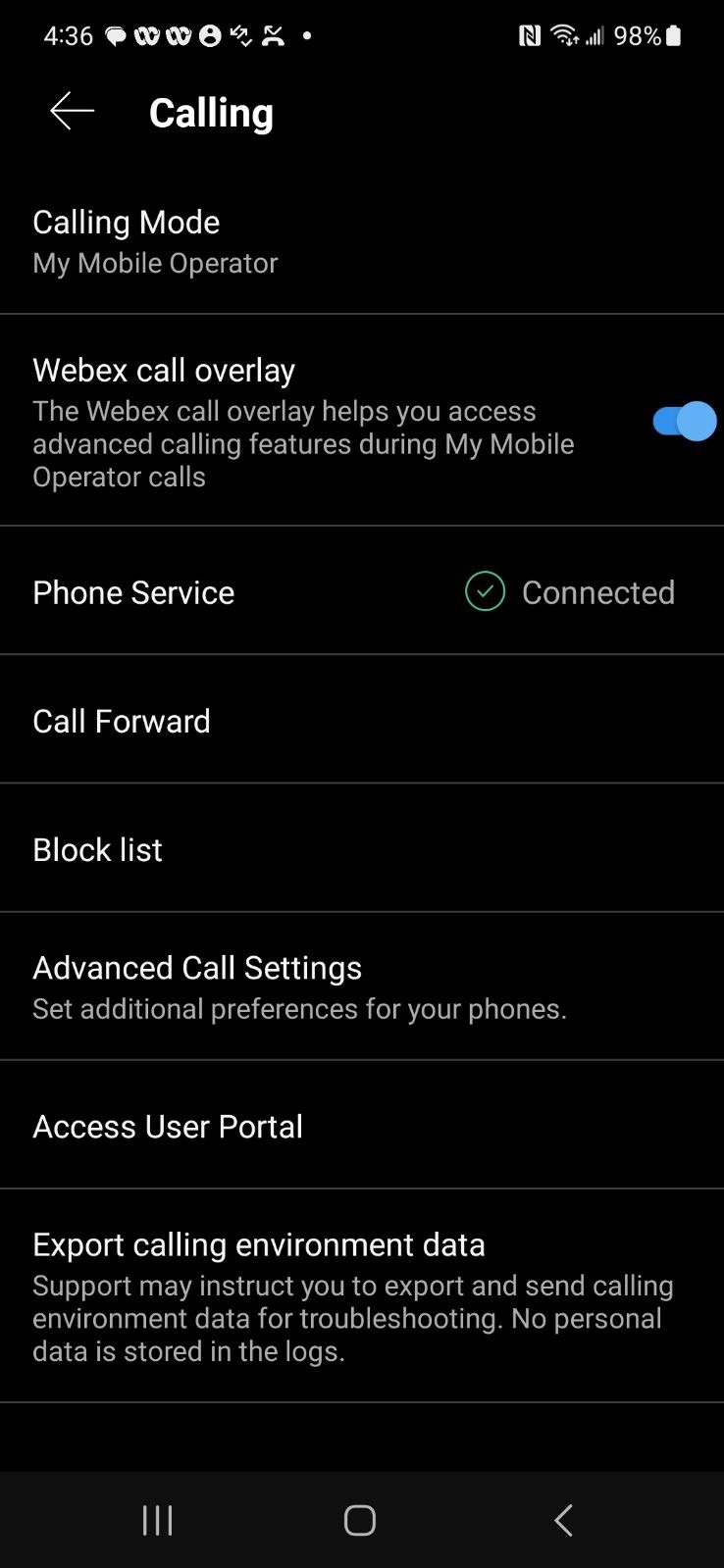 Webex App calling settings on an Android mobile phone to show Webex call overlay enabled.