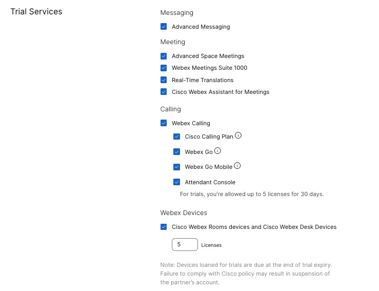 Trial services screen in Control Hub.