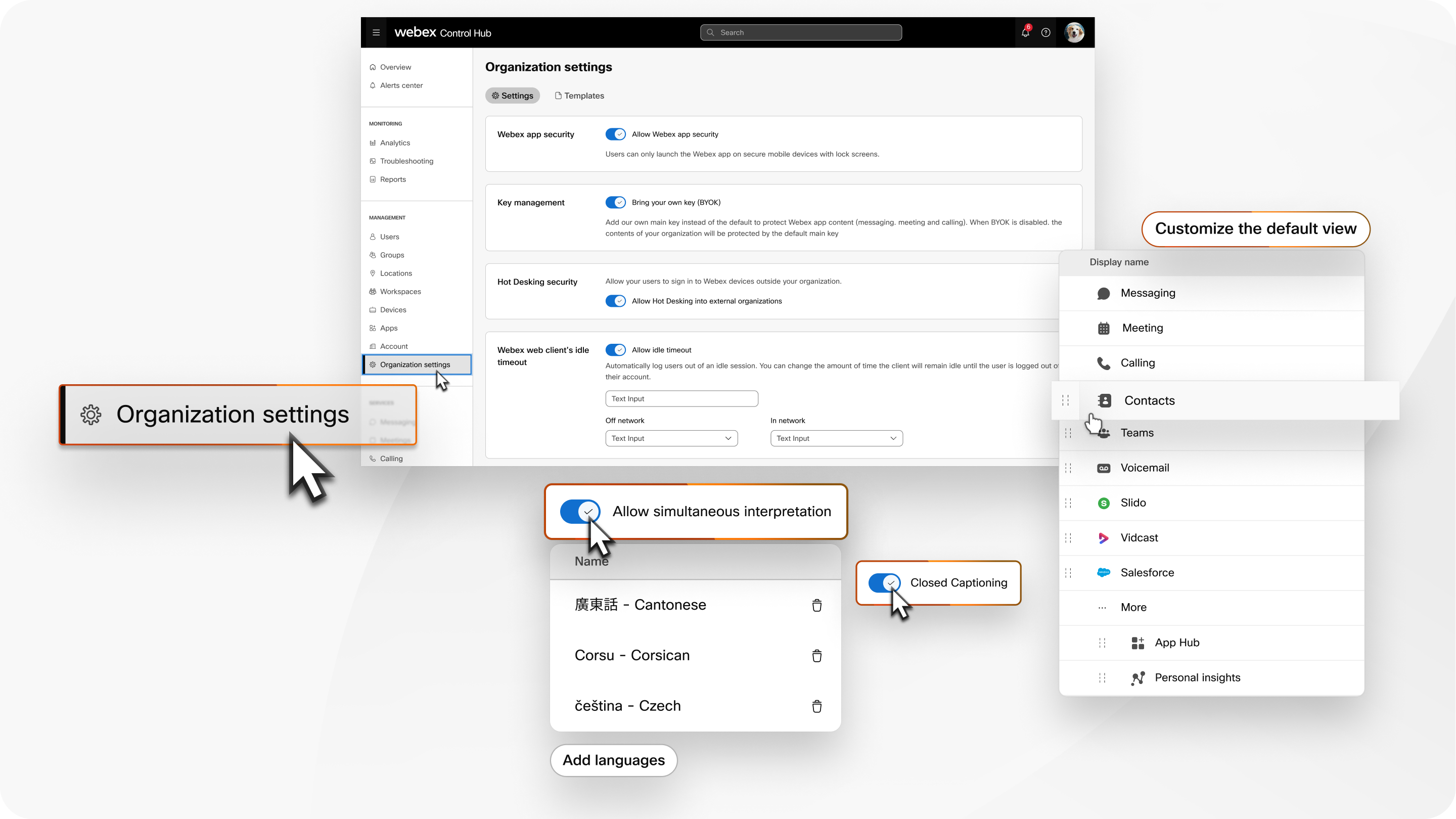 صفحة إعدادات المؤسسة في Control Hub، مع تكبير بعض عناصر التحكم في إمكانية الوصول والشمول