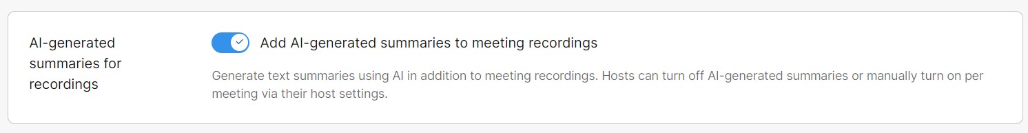 تم العثور على لقطة شاشة لمفتاح "إضافة ملخصات من إنشاء الذكاء الاصطناعي إلى تسجيلات الاجتماعات" في صفحة إعدادات المؤسسة