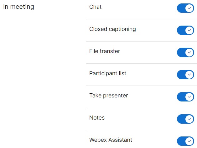 لقطة شاشة لقالب اجتماعات في Control Hub، تعرض مفاتيح عناصر التحكم داخل الاجتماع
