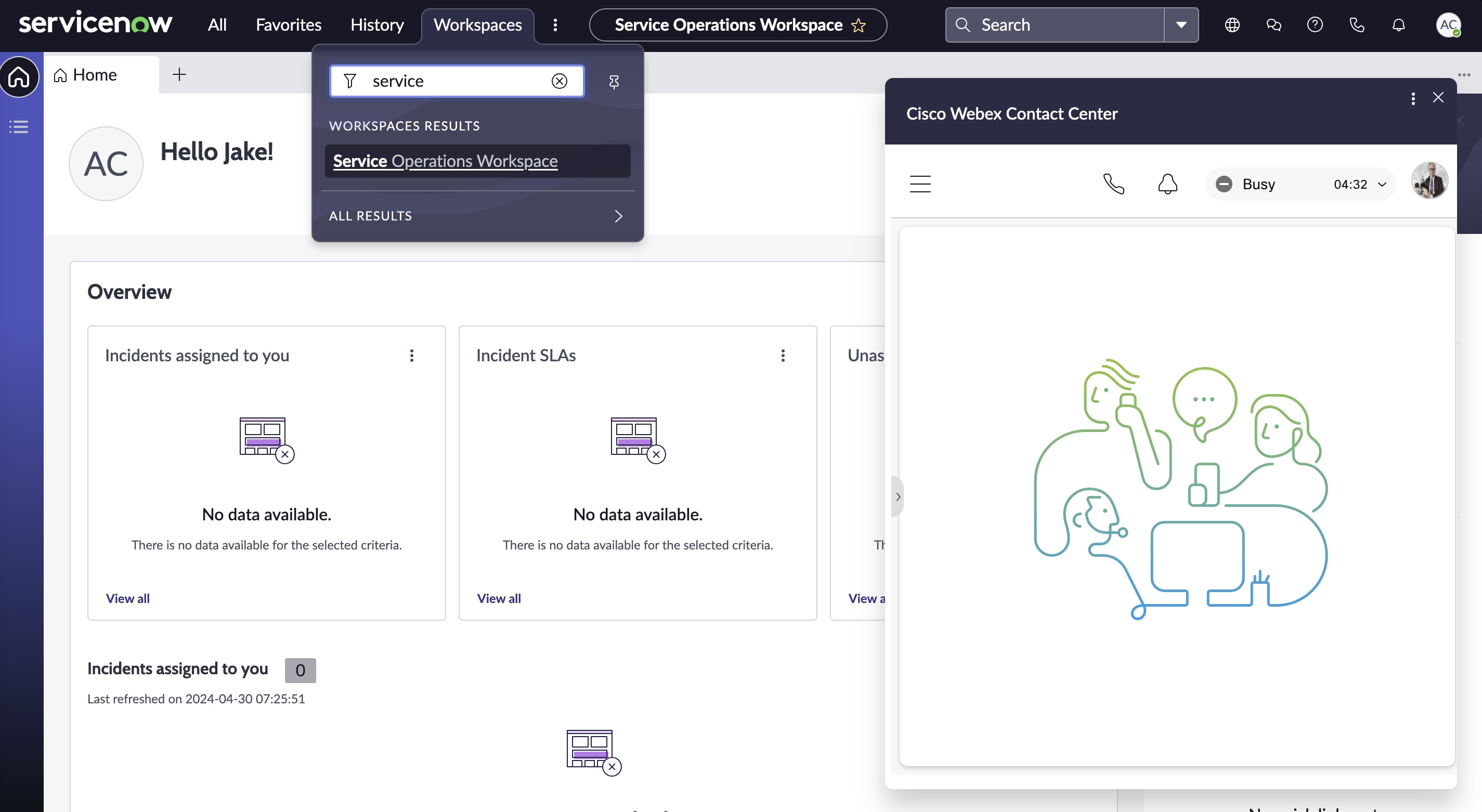 La página de inicio de ServiceNow con Webex Contact Center Agent Desktop integrado con ServiceNow.