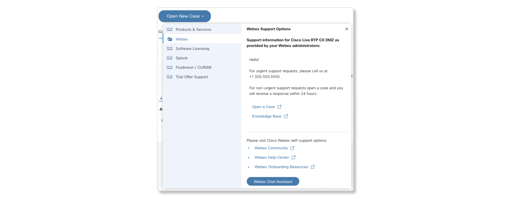 Help and support information example in Webex App for end users