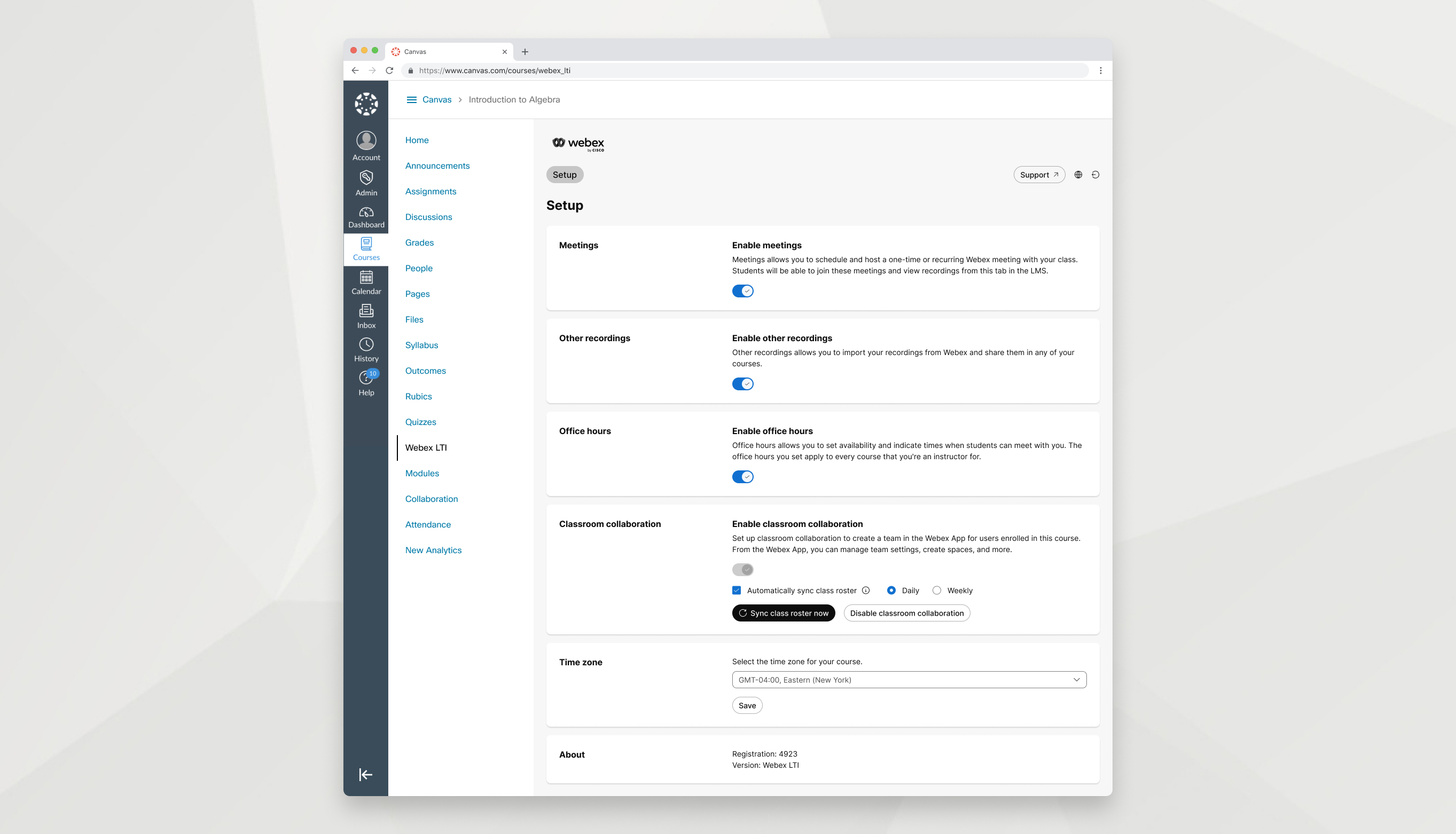 Setup tab showing toggle buttons for meetings, other recordings, office hours, and classroom collaboration features. also shows classroom collaboration membership sync options, time zone picker, and about information