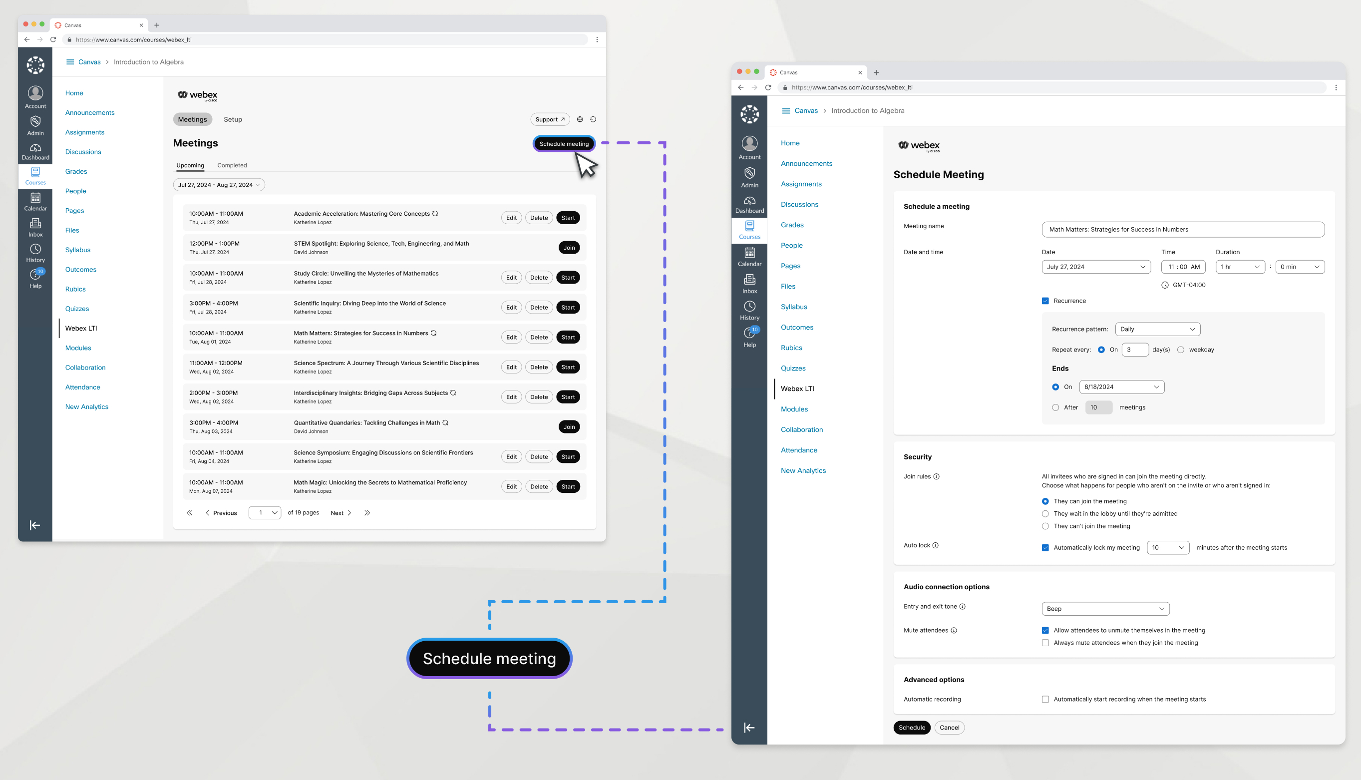 schedule meeting button highlighted, meeting scheduling options available