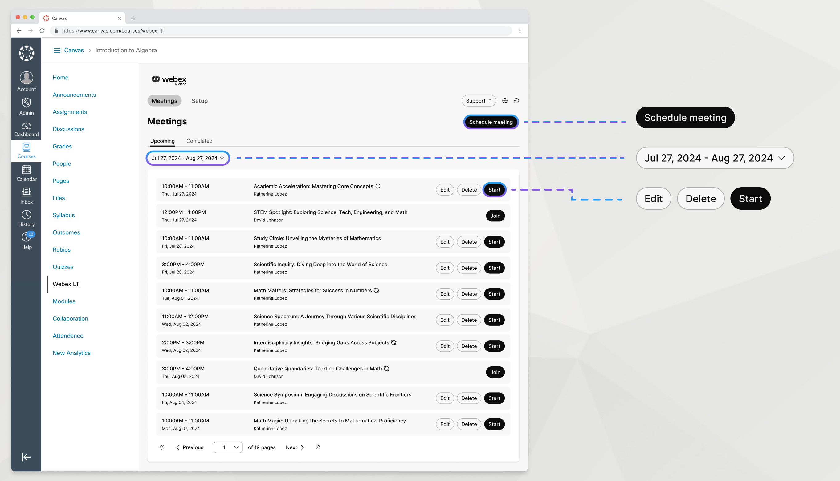 schedule meeting button highlighted and enlarged, date filter highlighted and enlarged, start button highlighted and enlarged, edit/delete buttons enlarged