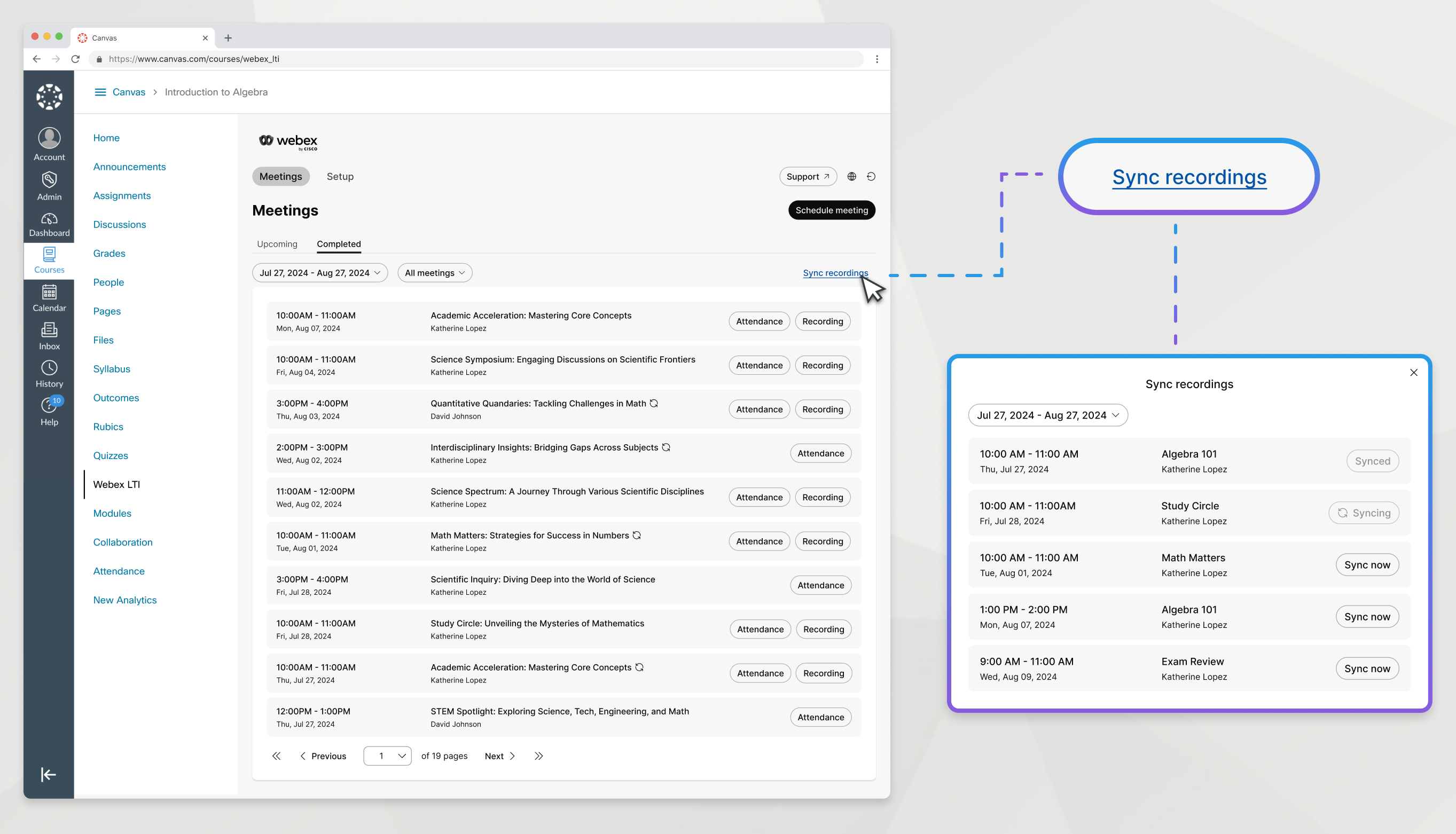 sync recording button highlighted and enlarged, sync recording modal enlarged