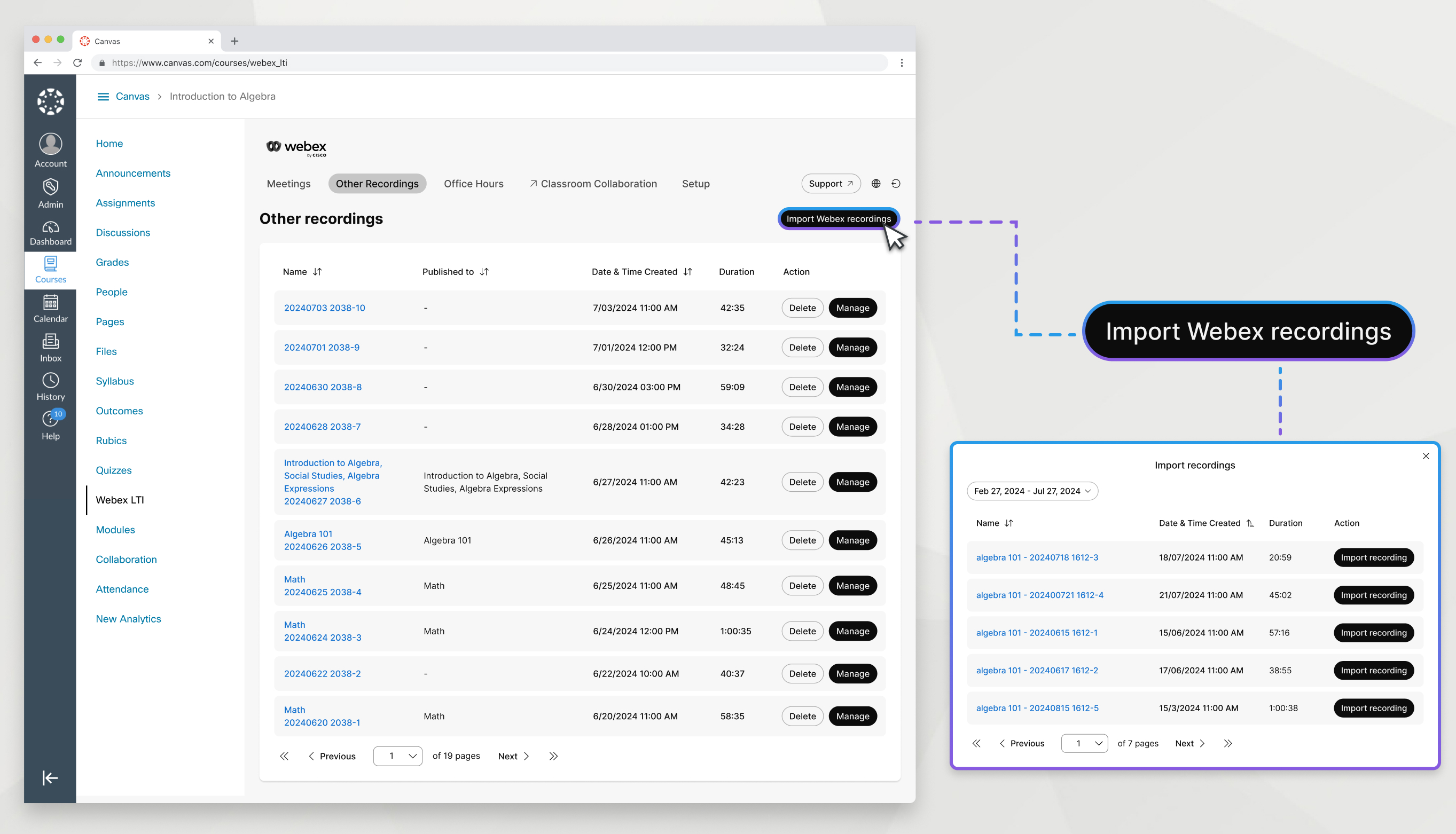 Бутонът за импортиране на записи от webex е маркиран и уголемен, импортирането на записи е модално увеличено