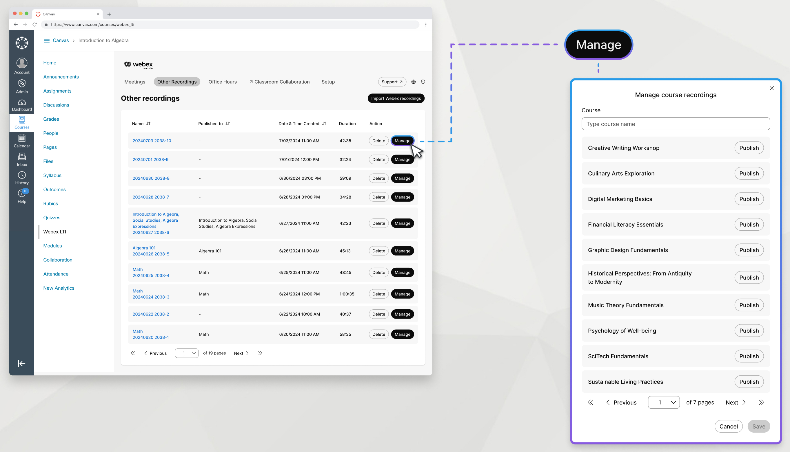 other recordings tab, manage button highlighted and enlarged, manage course recordings modal enlarged