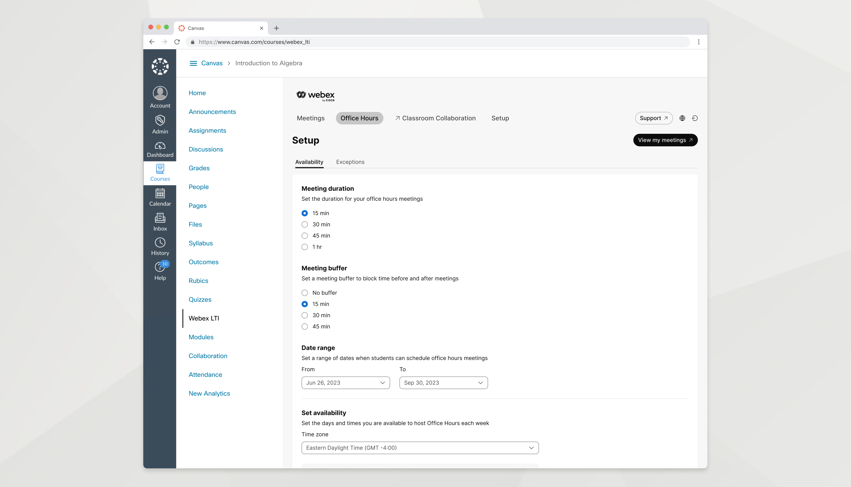 configuración de la disponibilidad, incluye opciones para establecer la duración de la reunión, el búfer de la reunión, el intervalo de fechas y la zona horaria