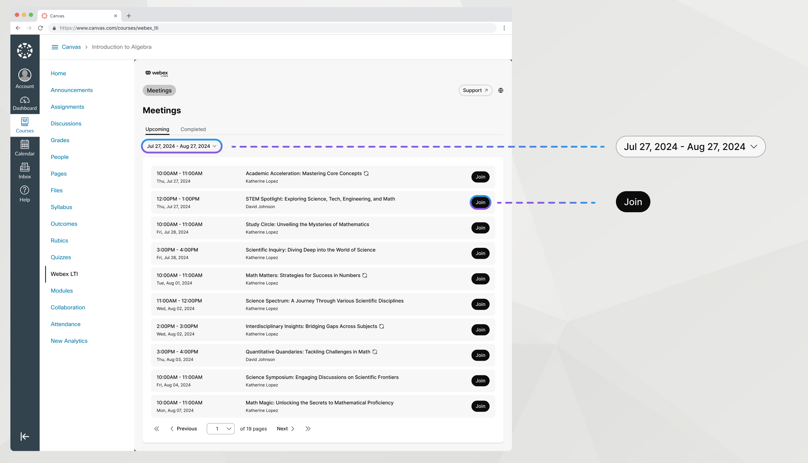 upcoming meetings tab, date filter and join button highlighted and enlarged