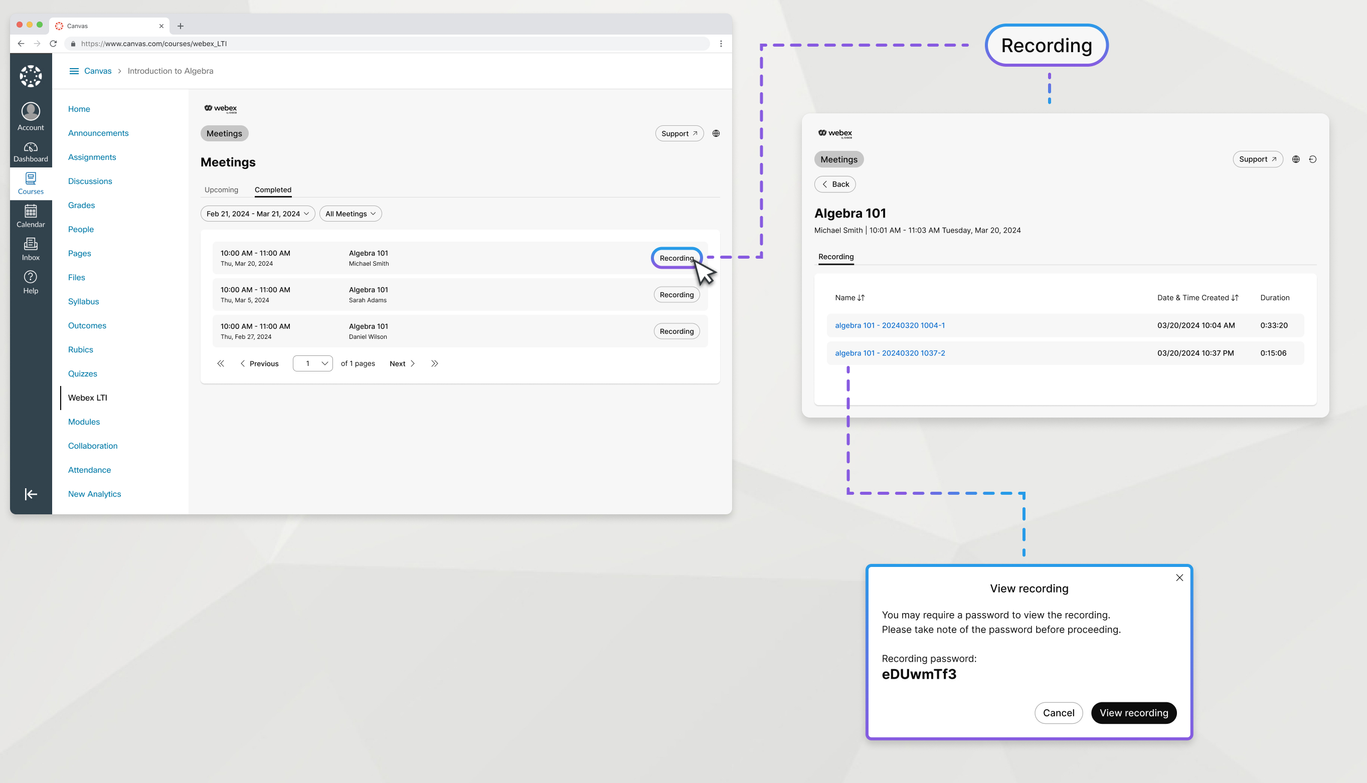 completed meetings tab, recording button highlighted and enlarged, recording screen enlarged, view recording modal enlarged