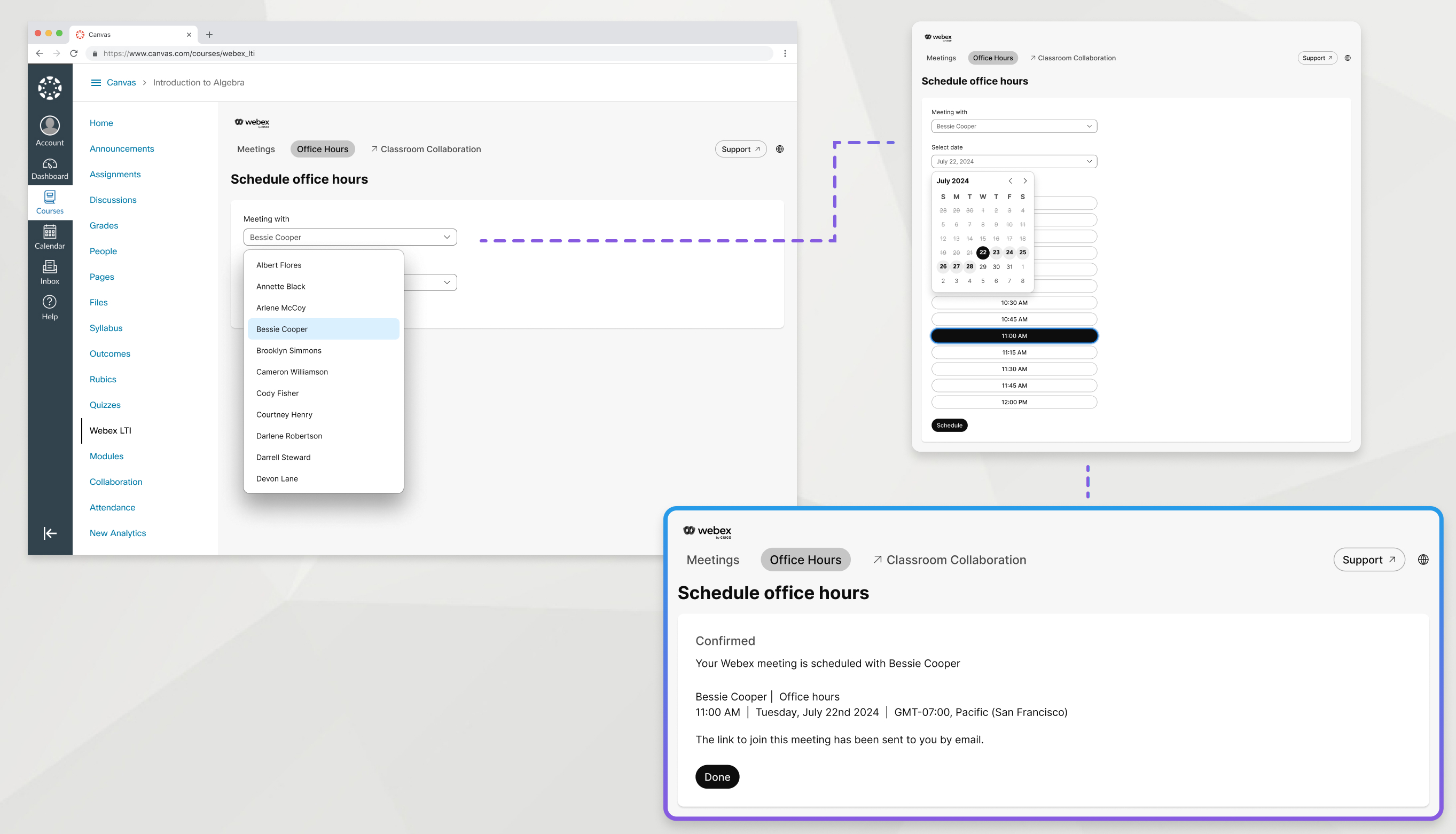 office hours tab, instructor selected, date selected, time slot selected, confirmation message