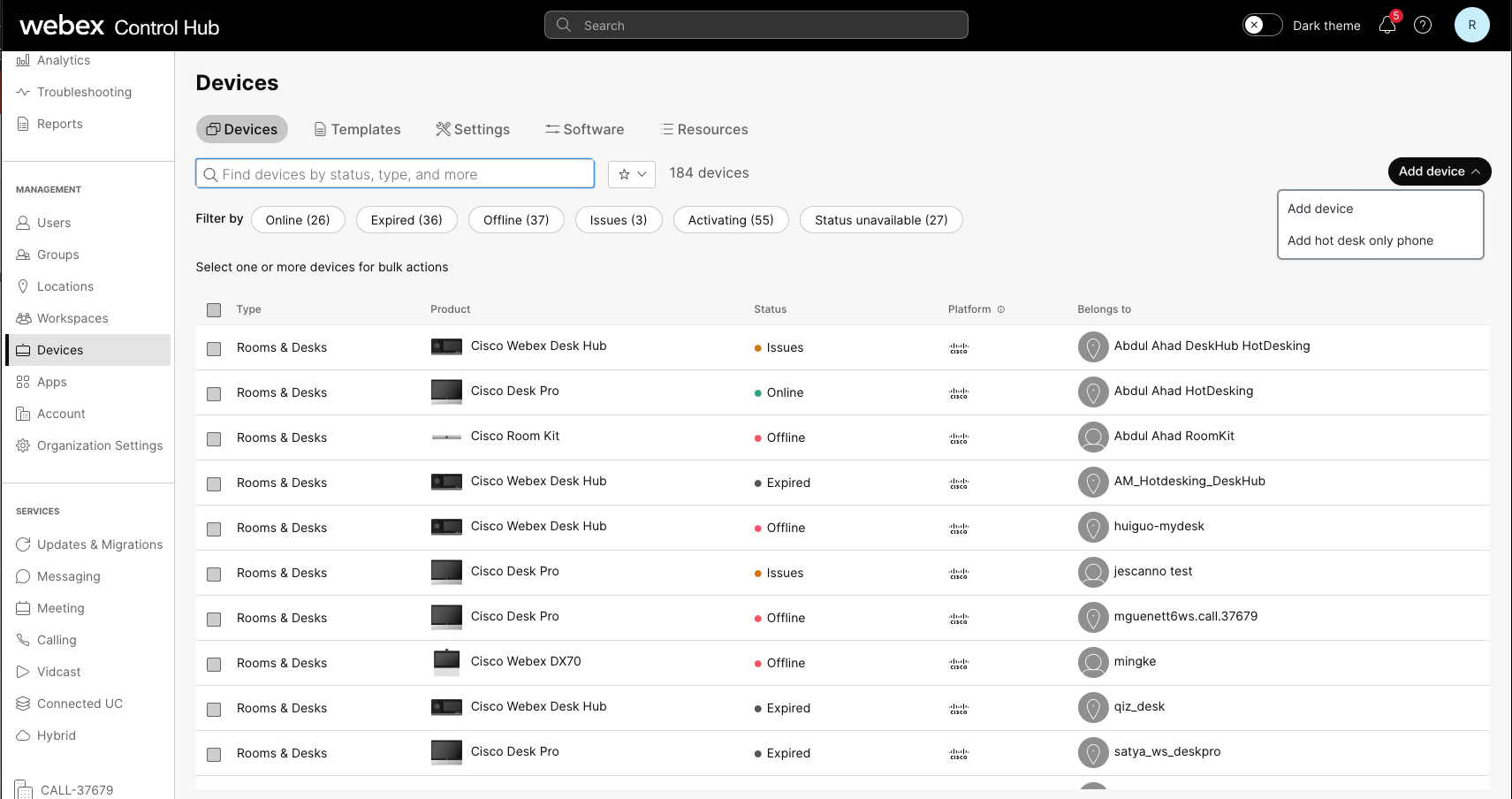 Add hot desk only device from devices from Control Hub