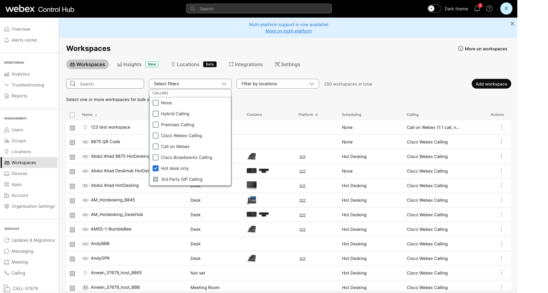 view hot desk only devices filter in workspaces in control hub