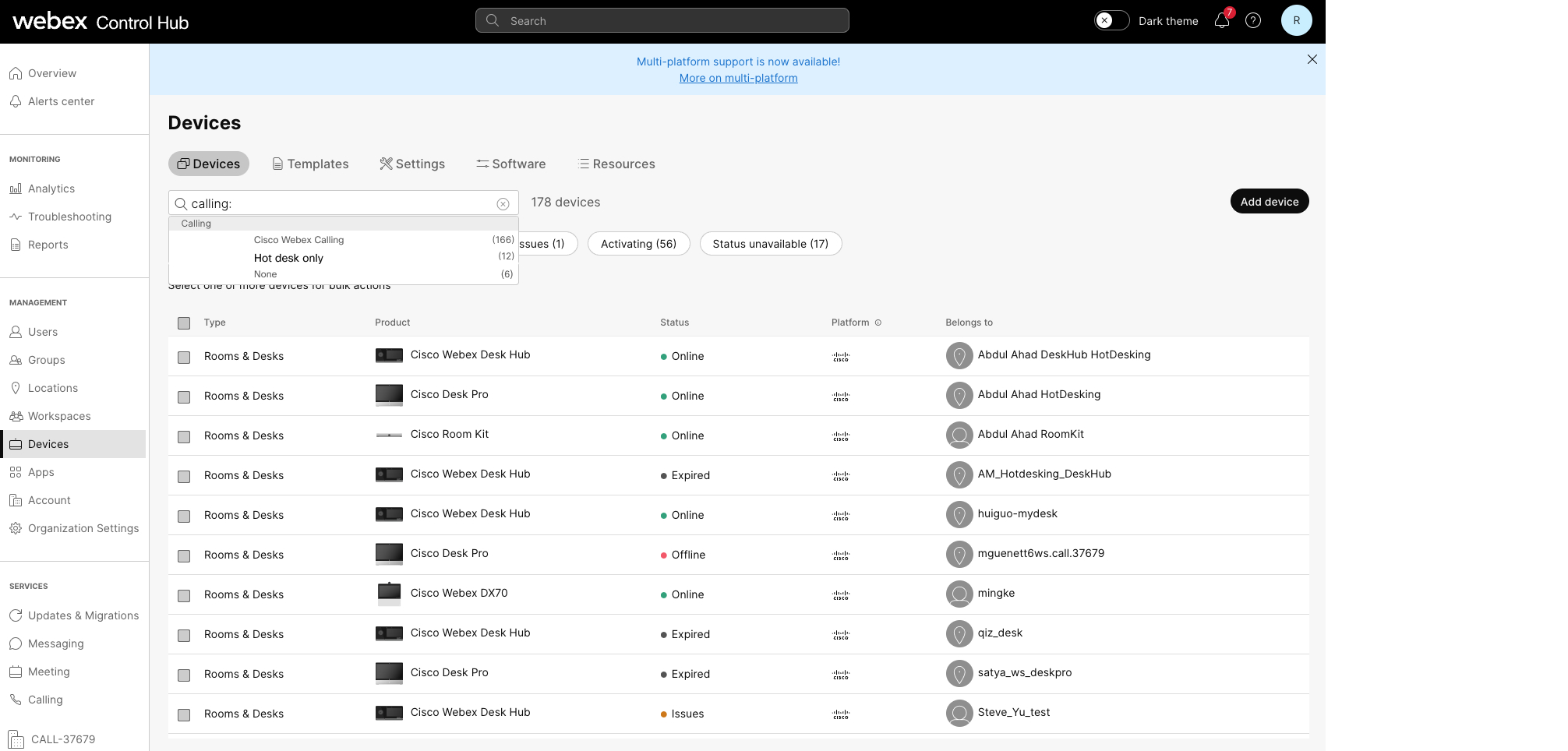 view hot desk only devices filter in devices in Control hub