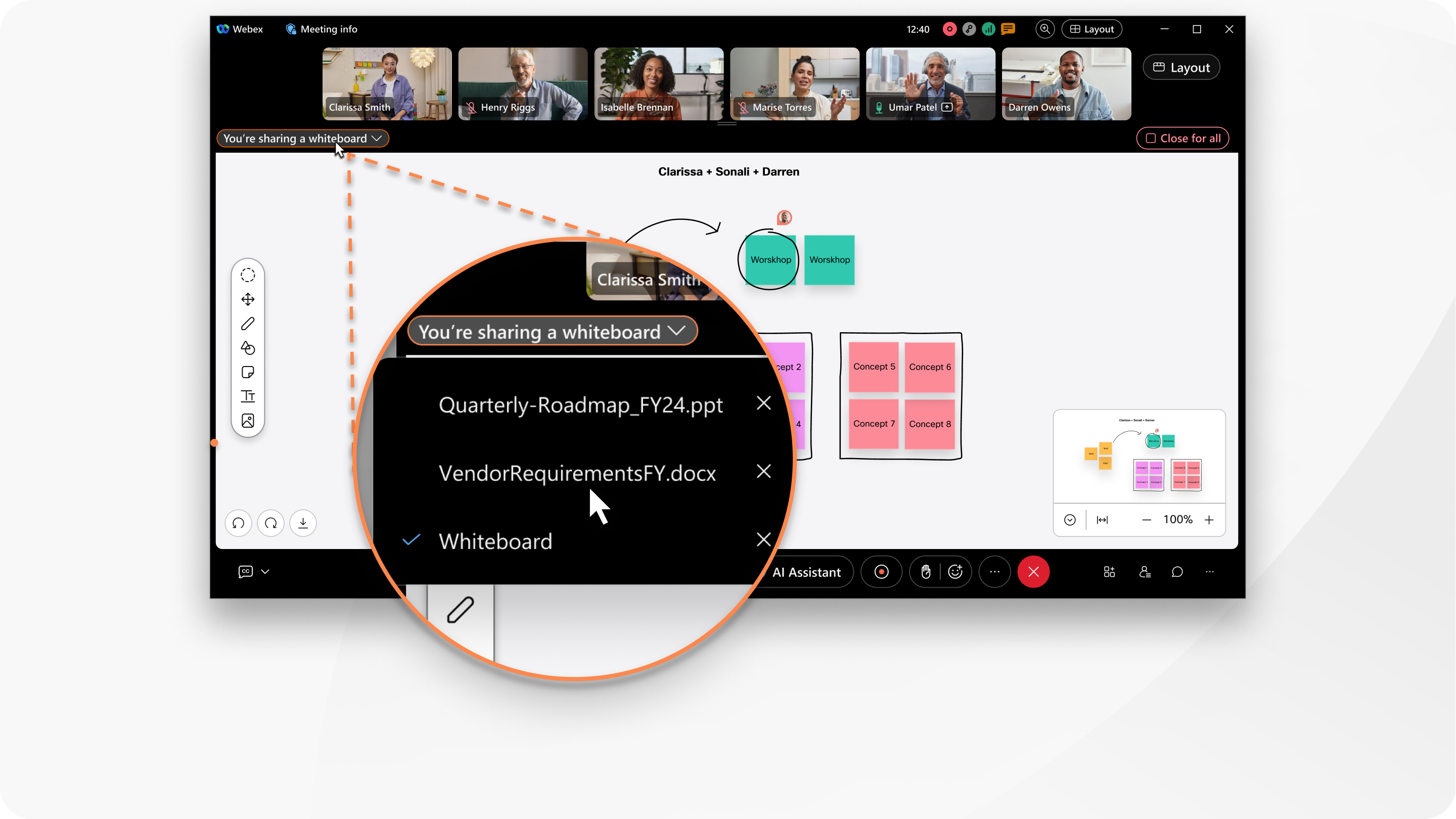 a presenter switches between multiple files and a whiteboard without interrupting their presentation