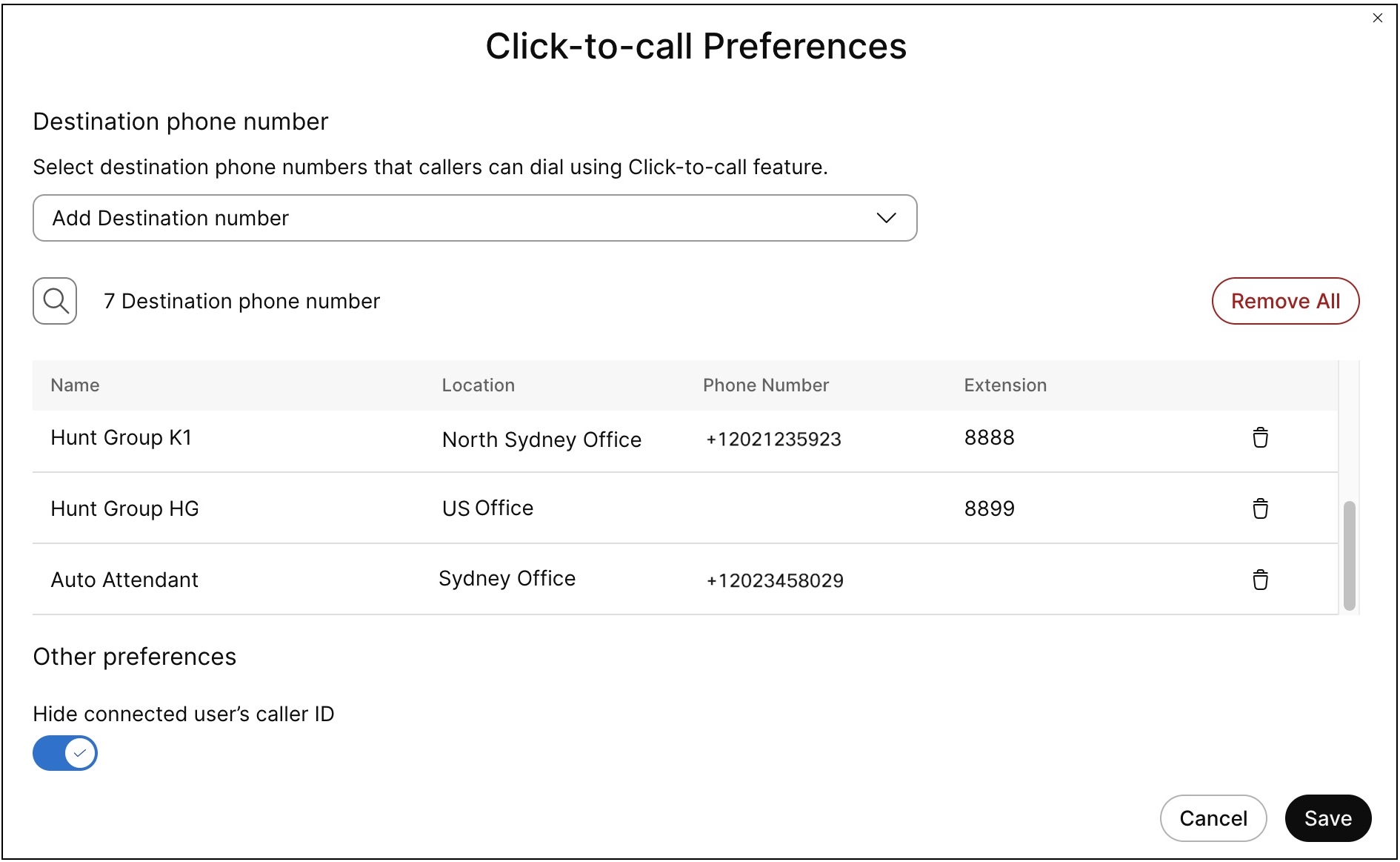 click-to-call preference settings page