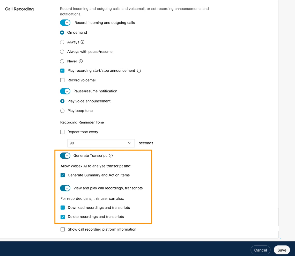 Generate transcript option at user, workspace, and virtual line