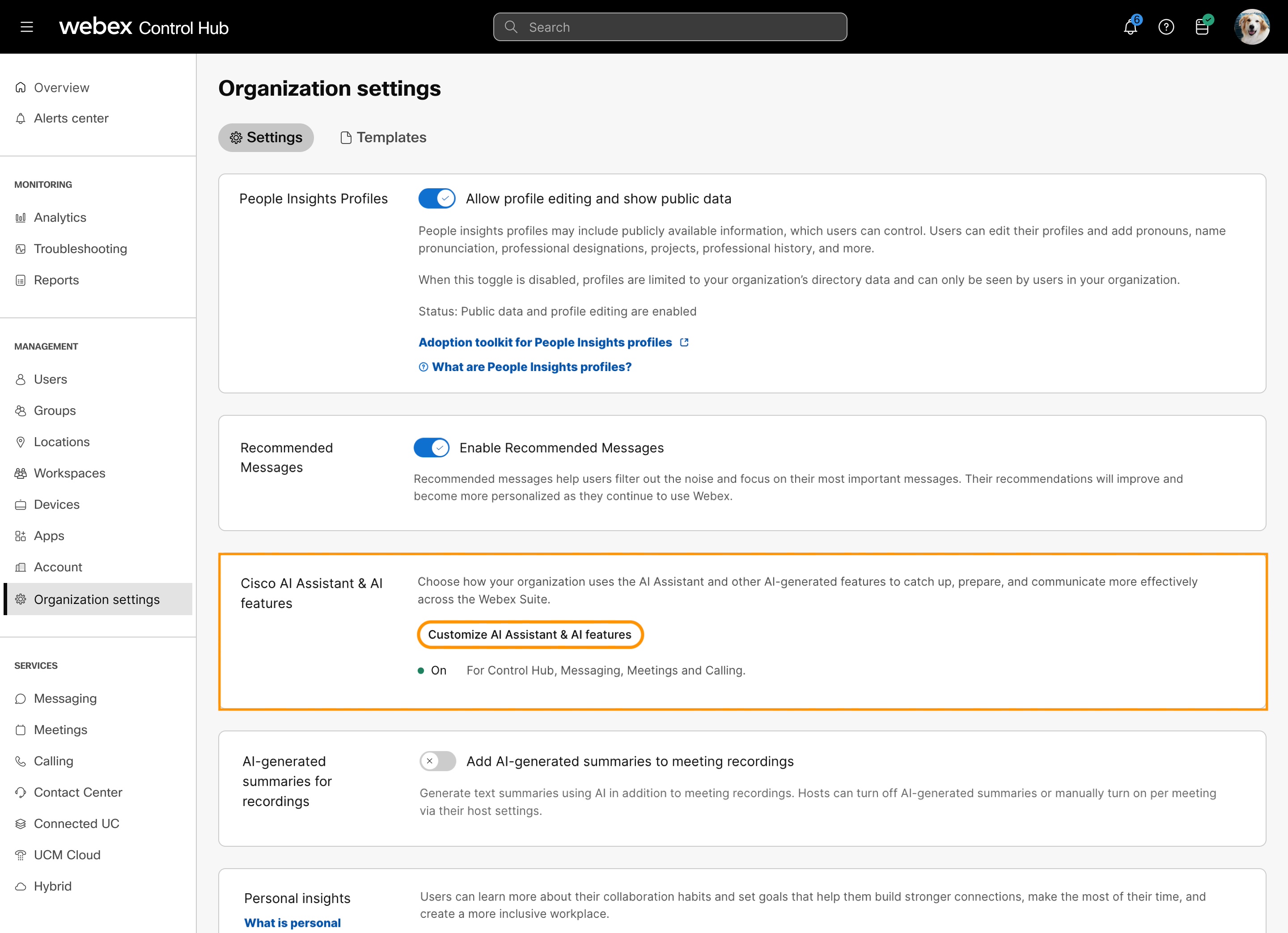 Customize AI Assistant option under organization settings