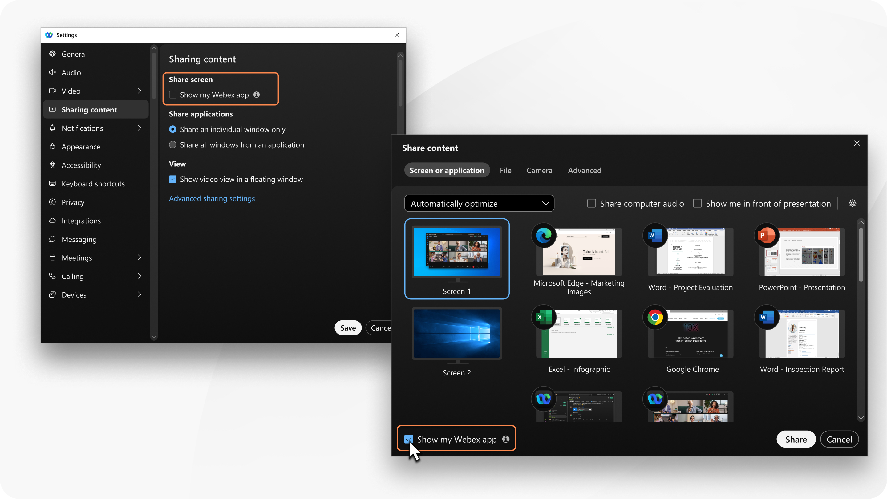 enabling the setting to share your Webex app when you share content