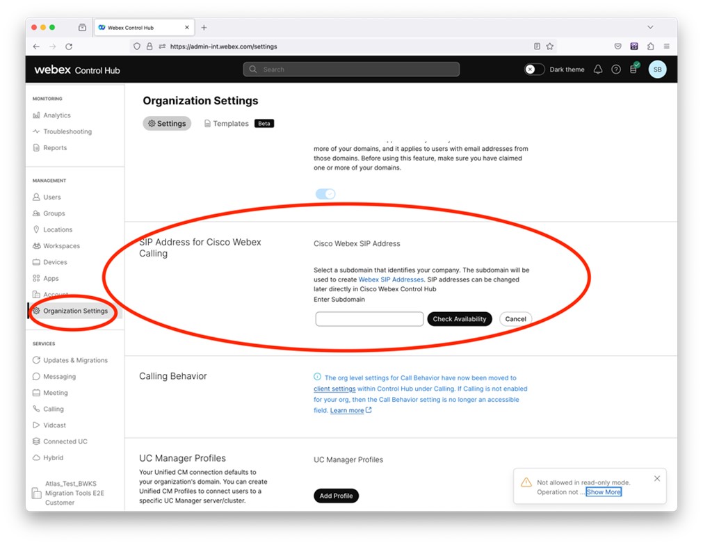 Control Hub window in the Organization Settings highlighting the SIP Address for Cisco Webex Calling section.