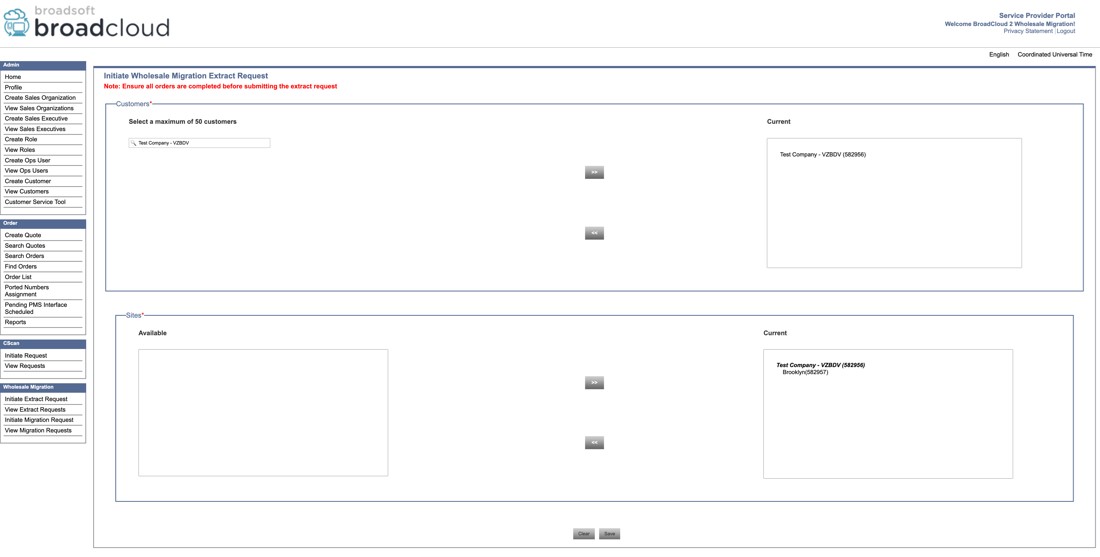 Service Provider portal screen showing the initiate wholesale migration extract request.