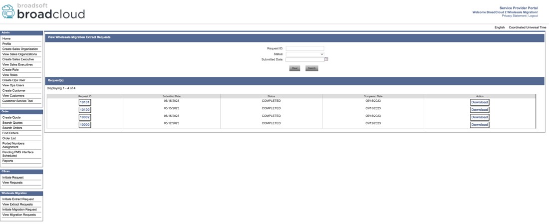 Service Provider portal screen showing Wholesale Migration Extract requests