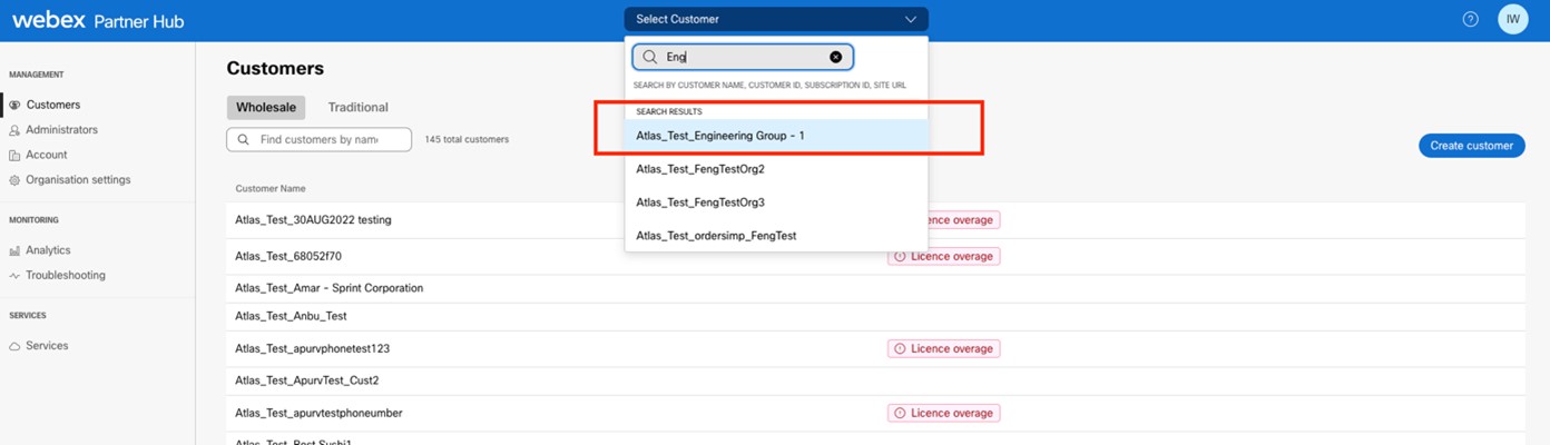 Screenshot of Partner Hub showing a search for a Wholesale customer in the Select Customer drop-down field.