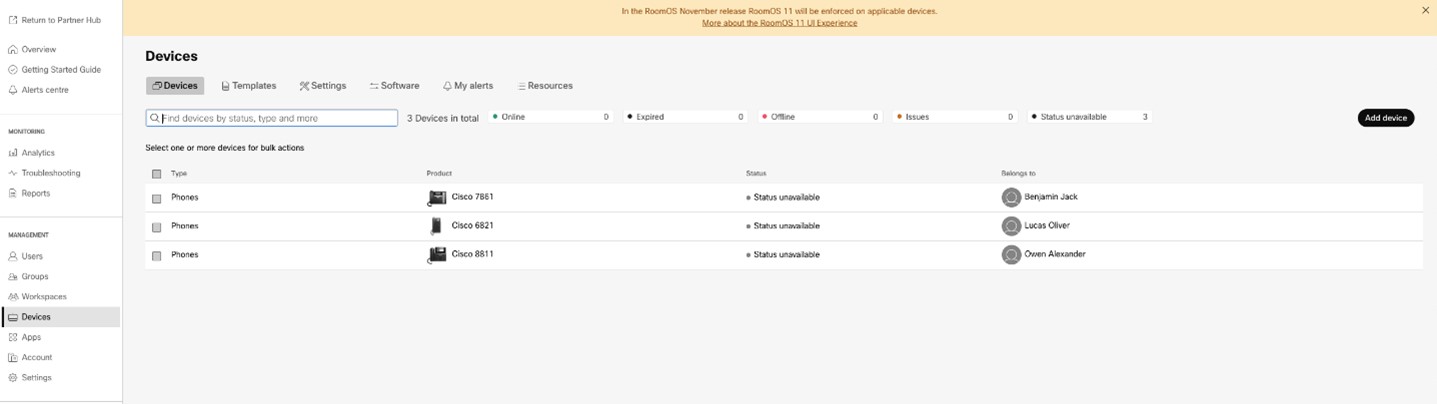 Screenshot of Control Hub showing the Devices screen and a list of devices.