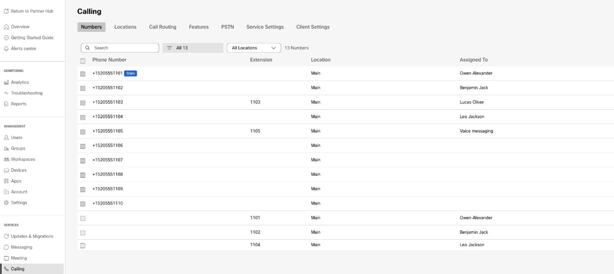 Screenshot of Control Hub showing the Numbers screen and a list of phone numbers.