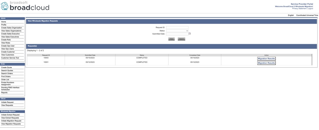 Service Provider portal showing View Migration Request.