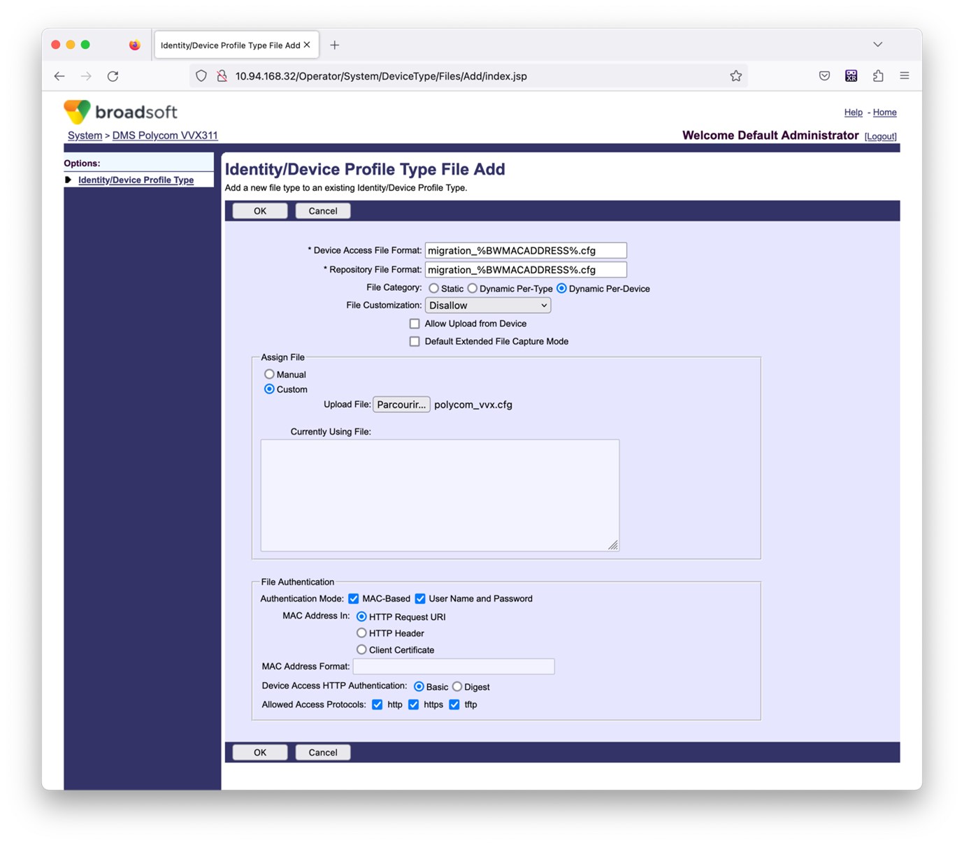 Identity/device profile type file add screenshot