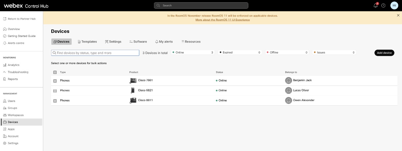 Screenshot of Control Hub Devices page showing the device status.