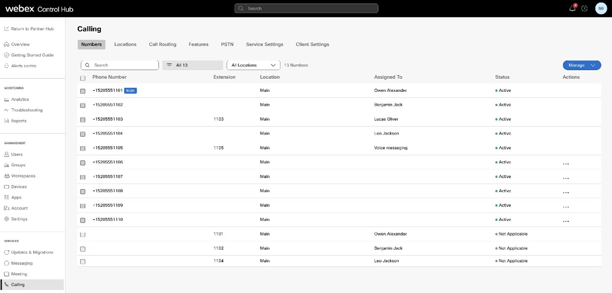 Screenshot of Control Hub Numbers screen showing active numbers.