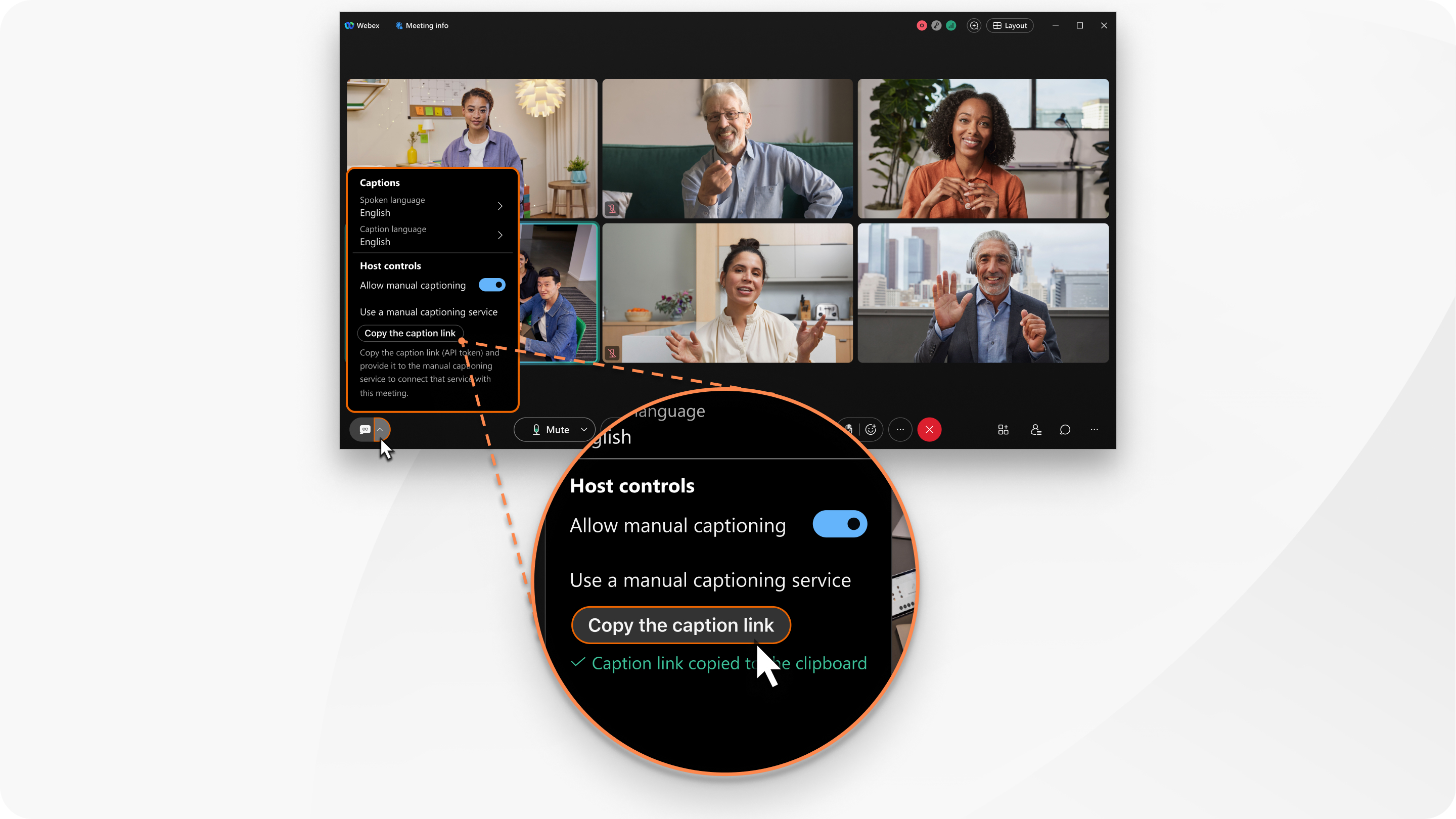 a host copying the manual closed captioning link during a meeting