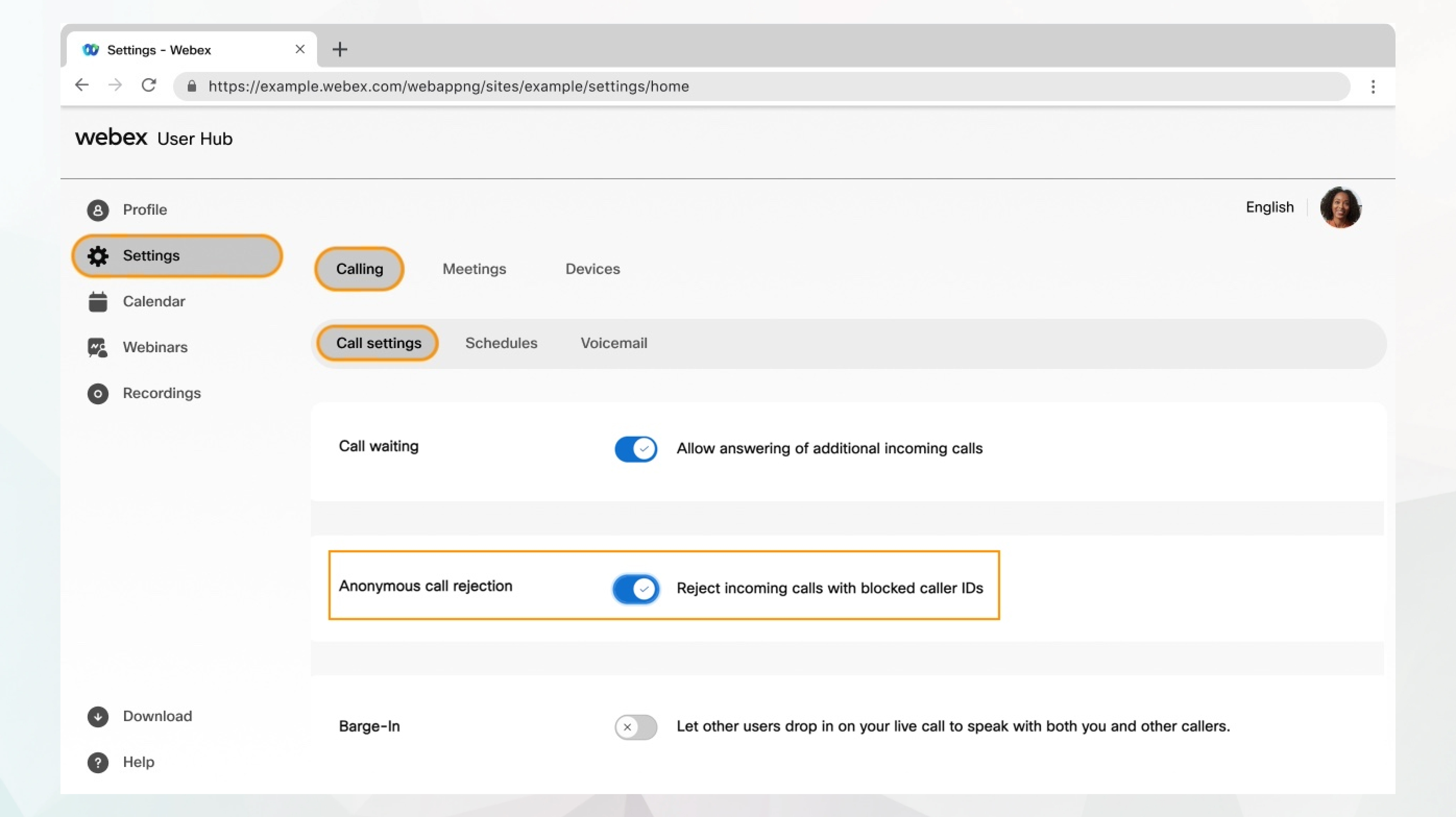 Anonymous Call Rejection settings in user hub