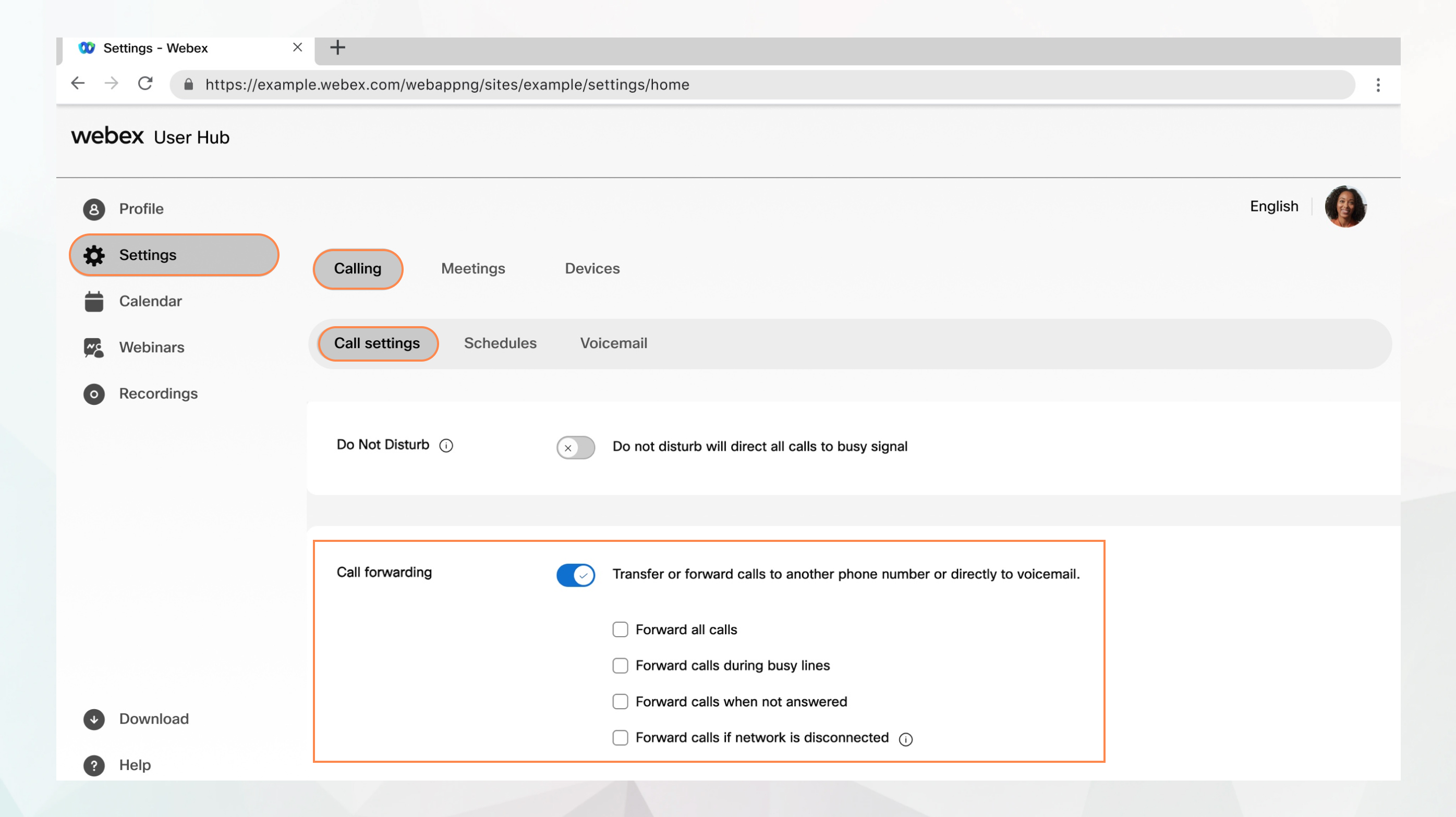 call forward option in user hub