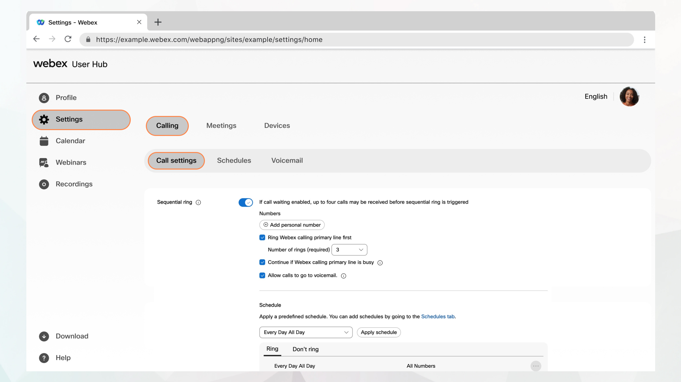 Sequential ring option in user hub