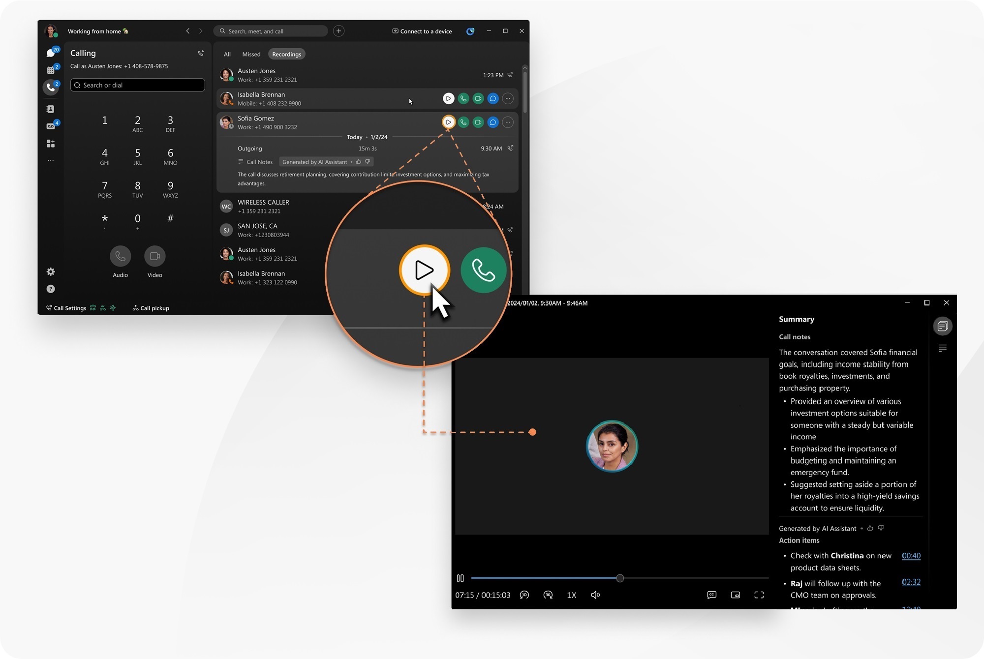 Screenshot of Webex App with call recording screen showing AI-generated summary