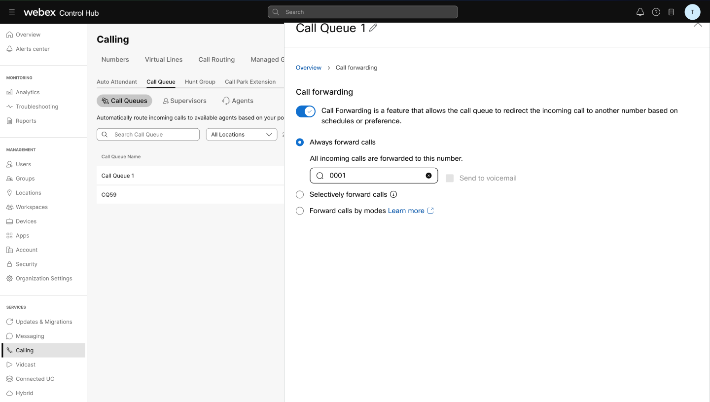 feature call forward mode provisioning in control hub