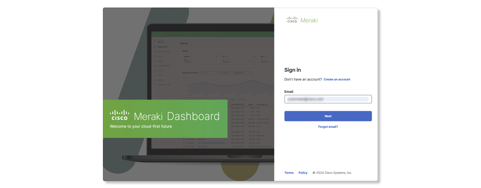 Meraki sign-in page for Troubleshooting integration in Control Hub