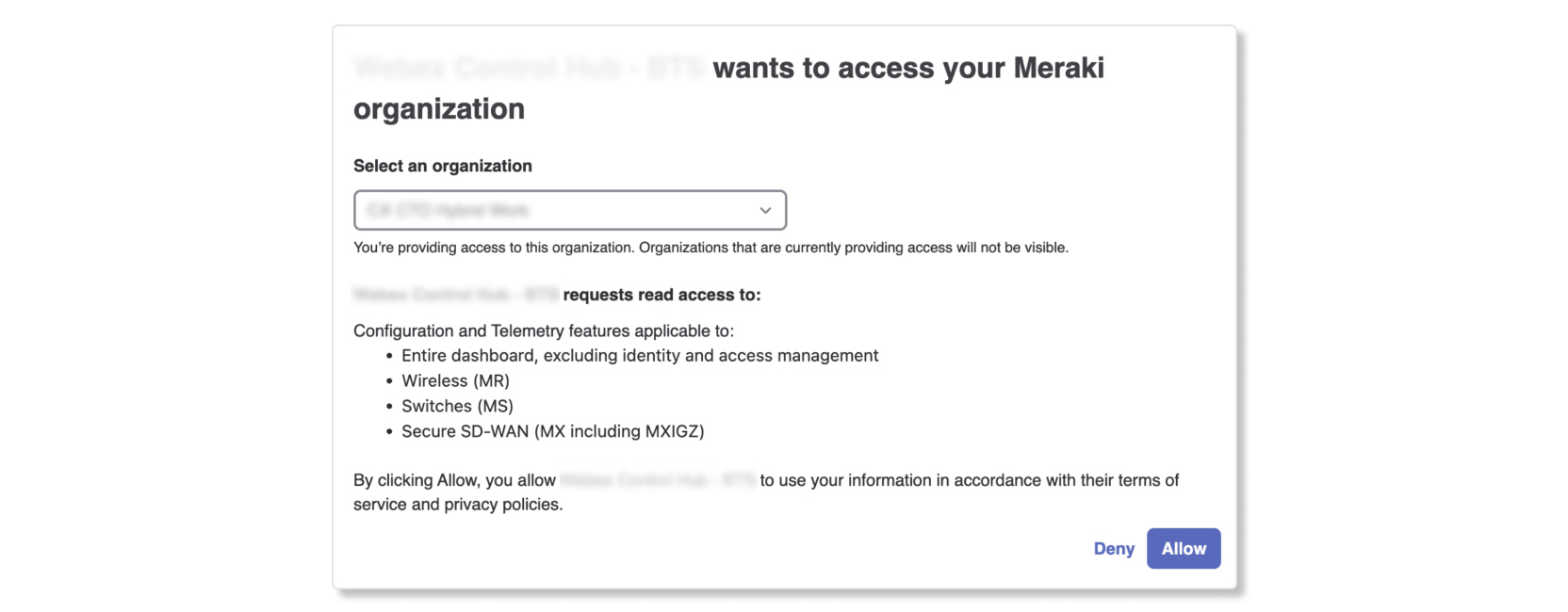 Screenshot of allowing or denying Meraki access to a Control Hub organization