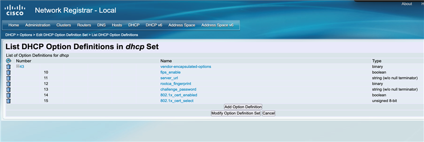 Screenshot of DHCP option 43 definitions on Cisco Network Register