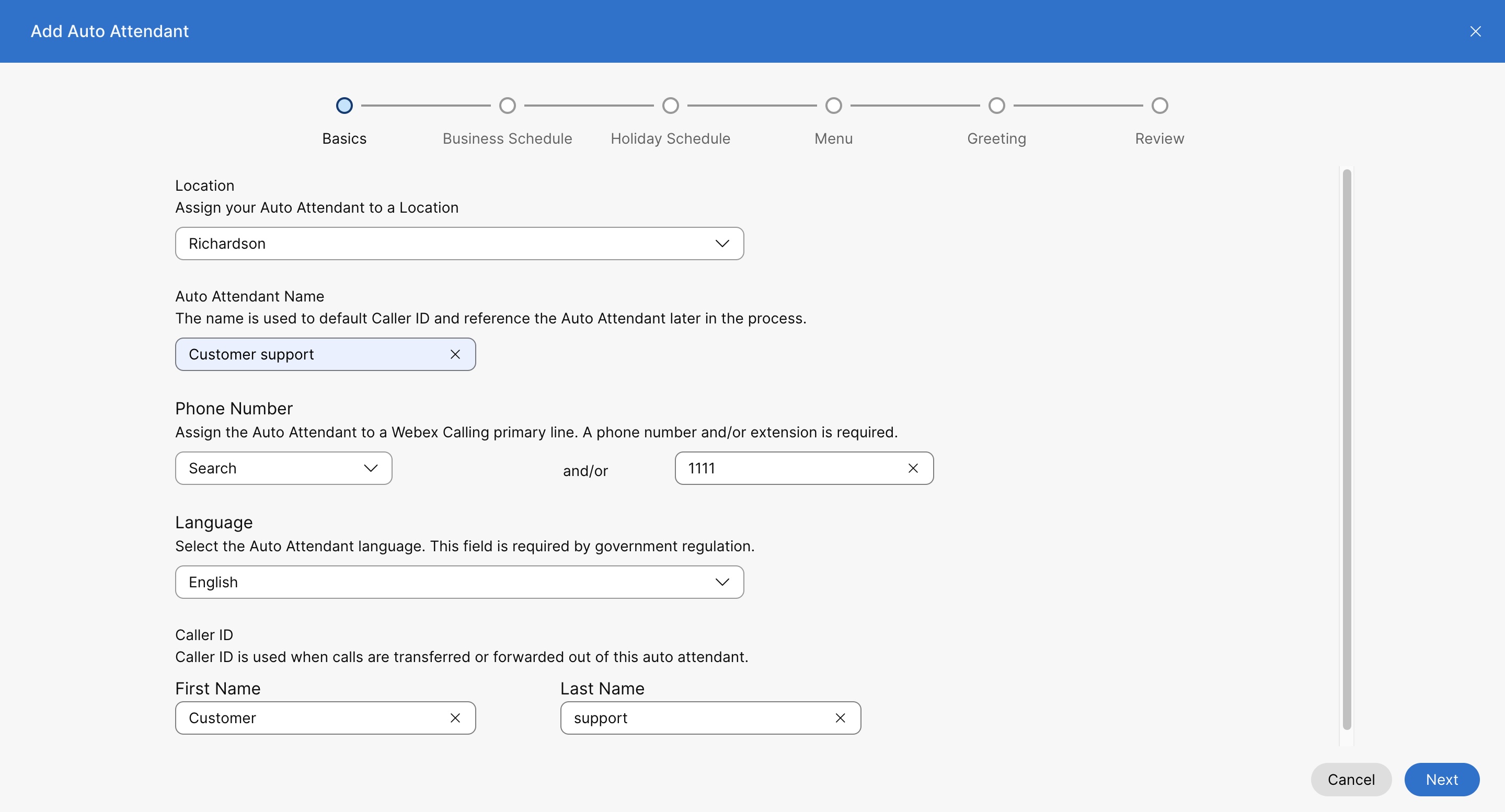 Ventana de configuración de detalles básicos de la operadora automática. El administrador introduce detalles como la ubicación, el número de teléfono, el identificador de llamadas, el idioma.