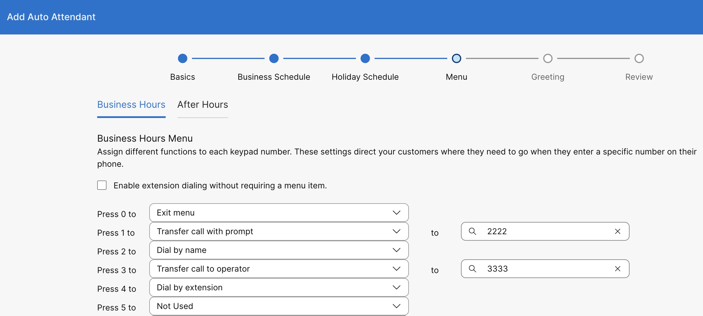 Ventana de configuración de detalles del menú de asistente automático. El administrador configura las opciones del menú de marcado para el horario comercial y después del horario laboral