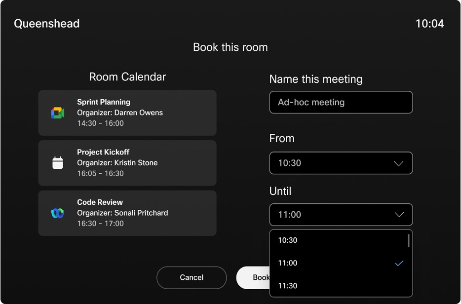 Calendar menu on a device in hot-desking mode