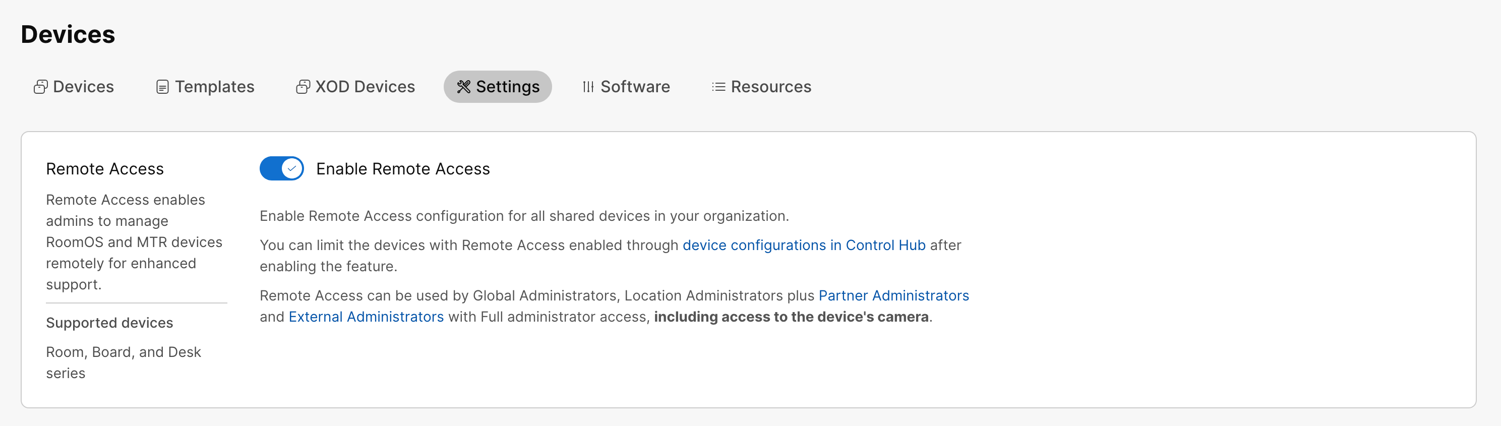 Control Hub devices organization level setting for remote access