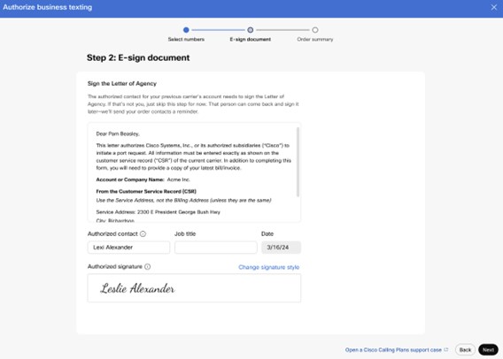 Control Hub 'Authorize business texting' screen showing the e-sign document step for the LOA.