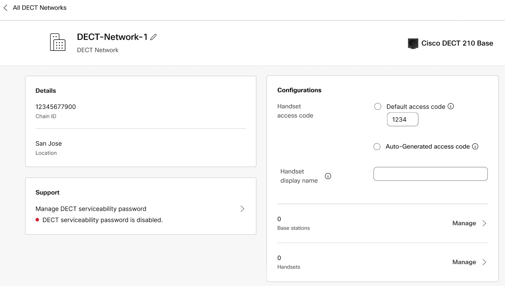 DECT network device configuration screen